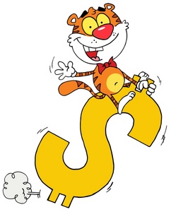 acclaim clipart: a tiger riding a golden dollar sign