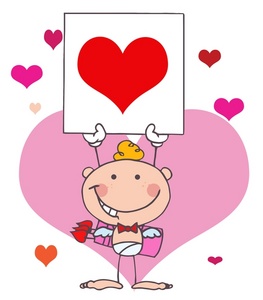 acclaim clipart: pink and red hearts behind cupid with a valentine